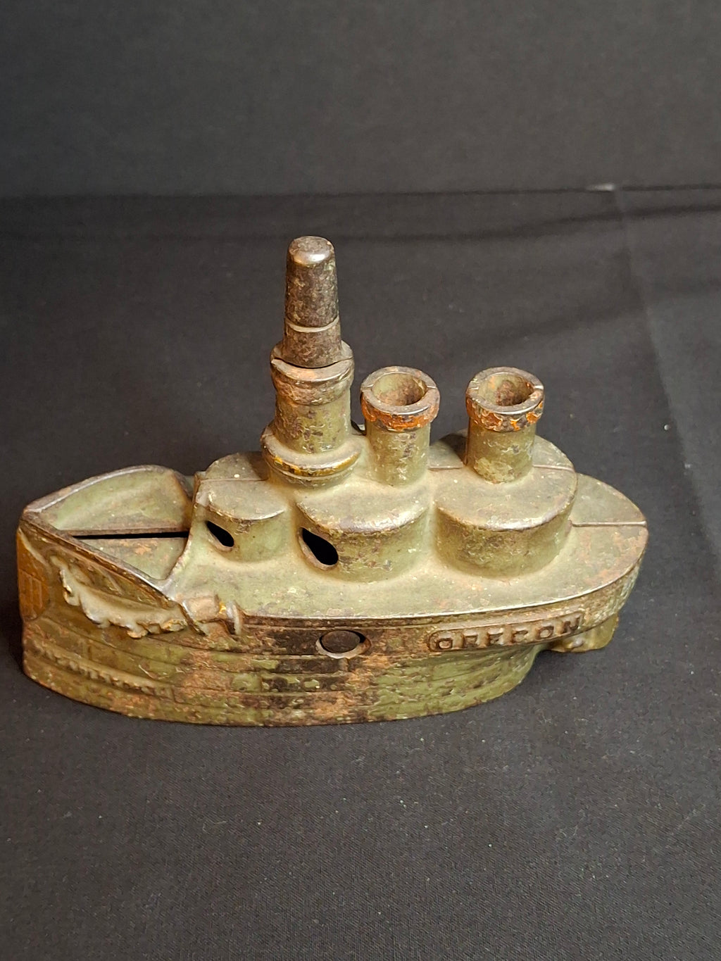 Antique Cast Iron Battleship Oregon Still Penny Bank J&E Stevens Green Paint 1898