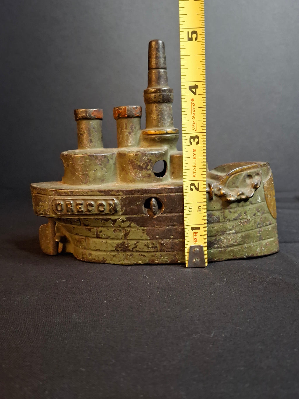 Antique Cast Iron Battleship Oregon Still Penny Bank J&E Stevens Green Paint 1898