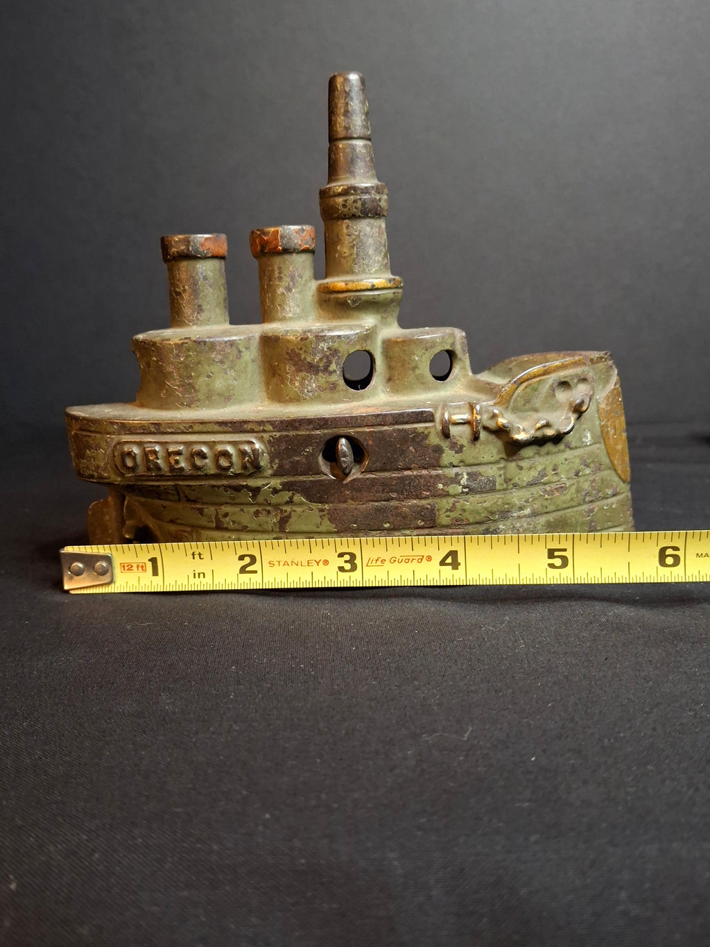 Antique Cast Iron Battleship Oregon Still Penny Bank J&E Stevens Green Paint 1898
