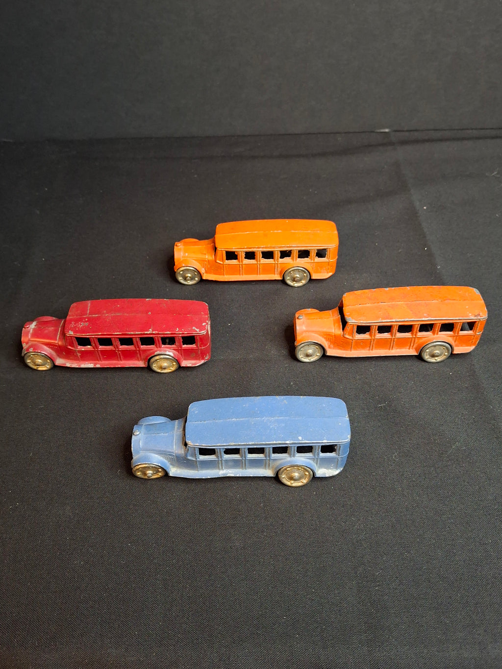 Vintage Pre-War Tootsietoy No. 4651 Fageol Safety Coach Bus Set of Four - Orange Blue Red 1927-1933