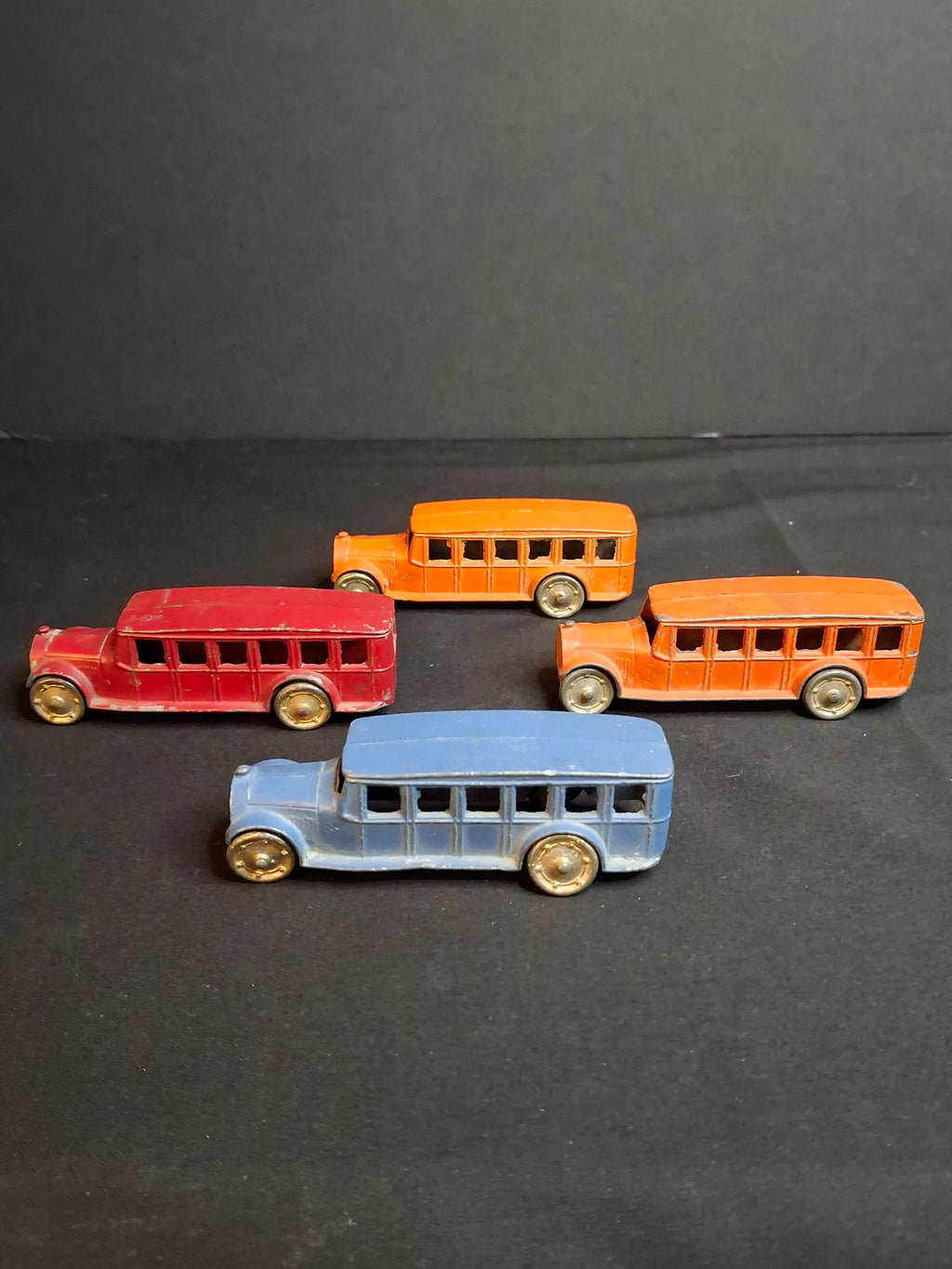 Vintage Pre-War Tootsietoy No. 4651 Fageol Safety Coach Bus Set of Four - Orange Blue Red 1927-1933