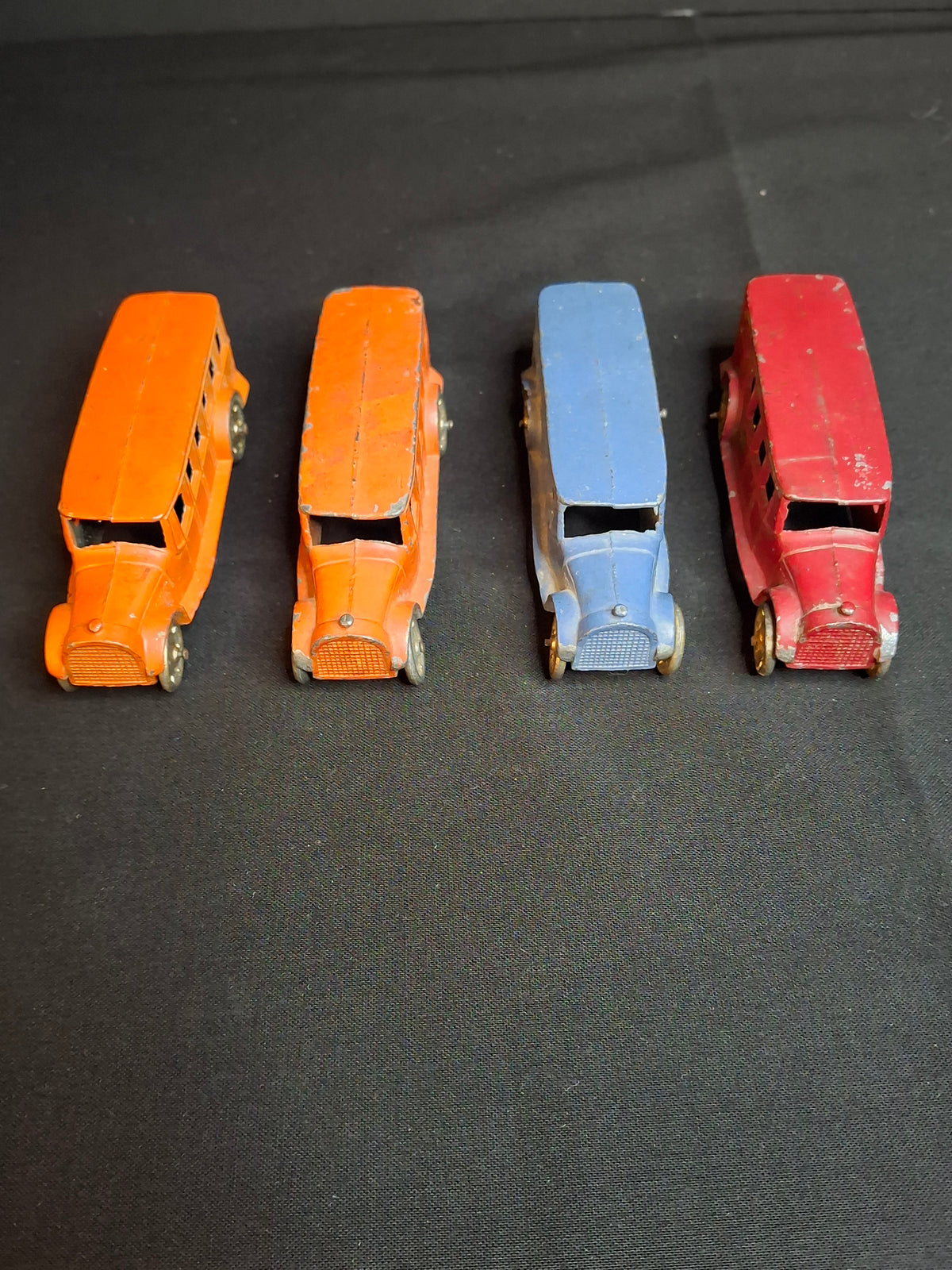 Vintage Pre-War Tootsietoy No. 4651 Fageol Safety Coach Bus Set of Four - Orange Blue Red 1927-1933