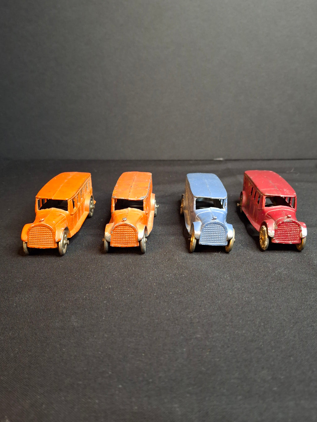 Vintage Pre-War Tootsietoy No. 4651 Fageol Safety Coach Bus Set of Four - Orange Blue Red 1927-1933