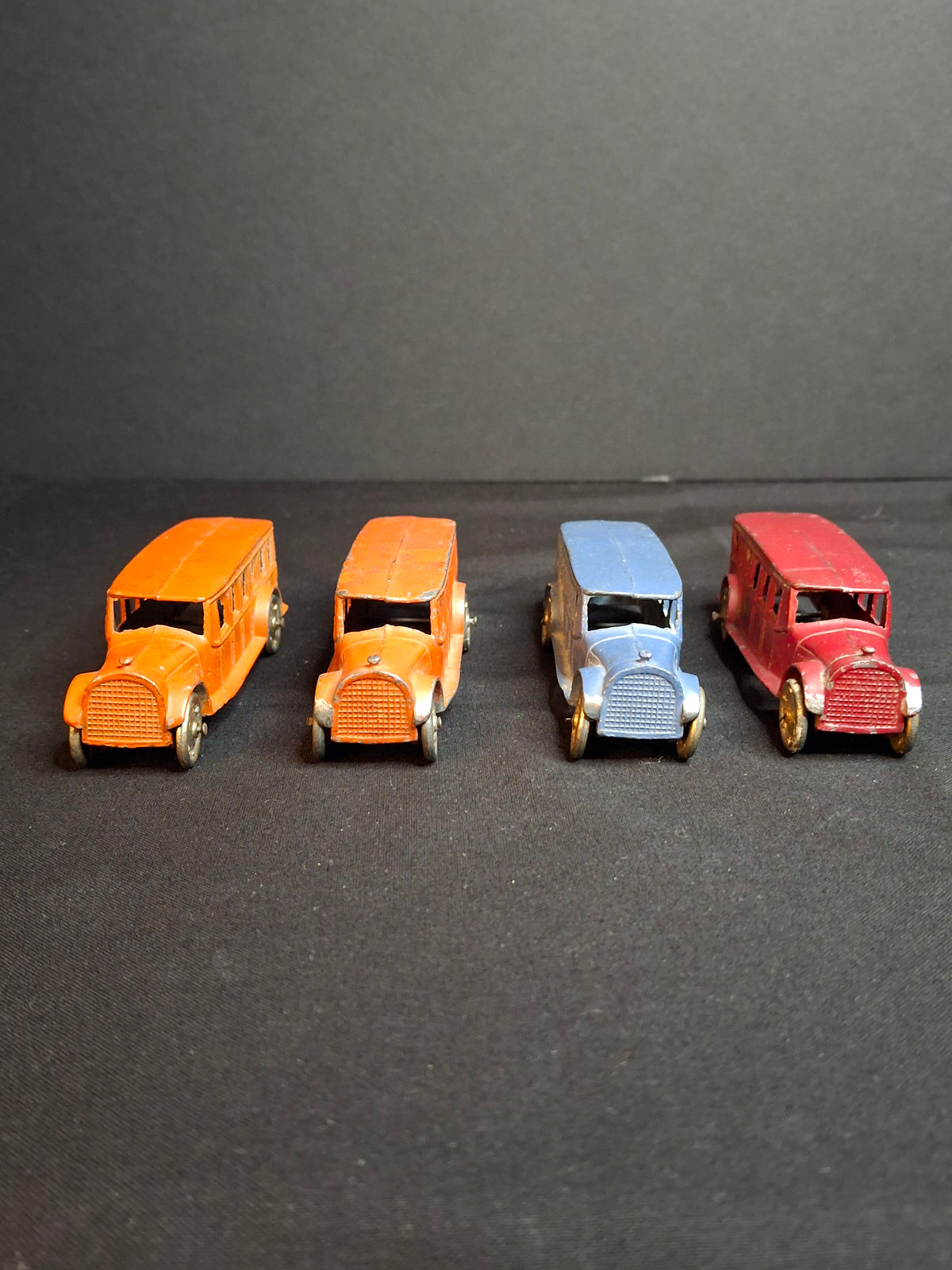 Vintage Pre-War Tootsietoy No. 4651 Fageol Safety Coach Bus Set of Four - Orange Blue Red 1927-1933