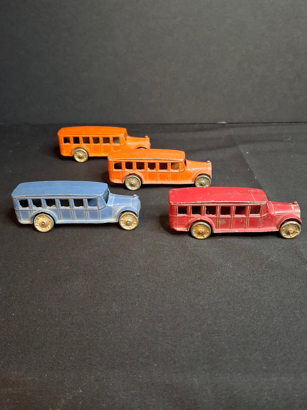 Vintage Pre-War Tootsietoy No. 4651 Fageol Safety Coach Bus Set of Four - Orange Blue Red 1927-1933