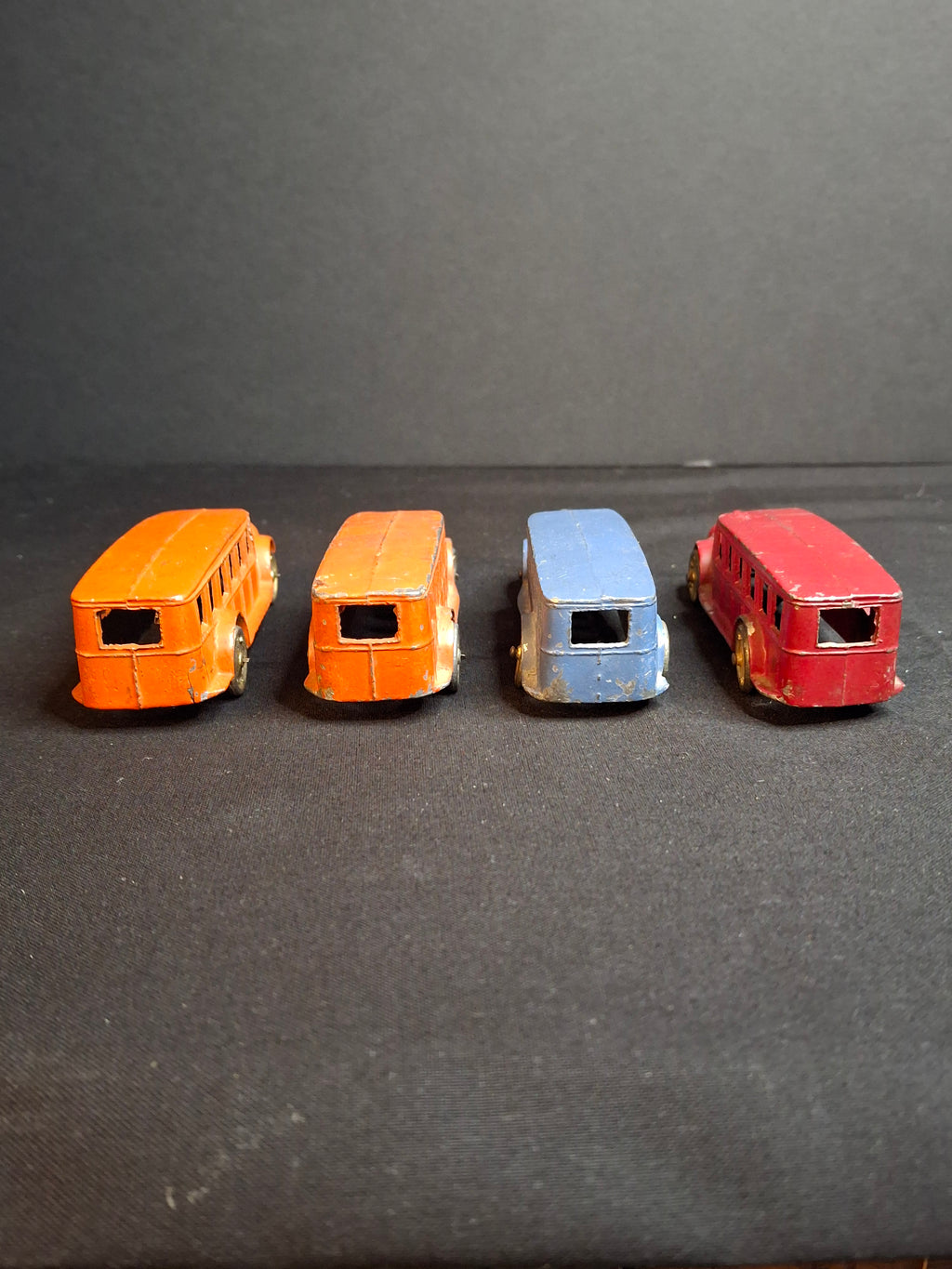 Vintage Pre-War Tootsietoy No. 4651 Fageol Safety Coach Bus Set of Four - Orange Blue Red 1927-1933