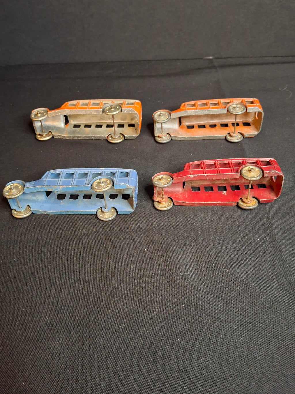 Vintage Pre-War Tootsietoy No. 4651 Fageol Safety Coach Bus Set of Four - Orange Blue Red 1927-1933