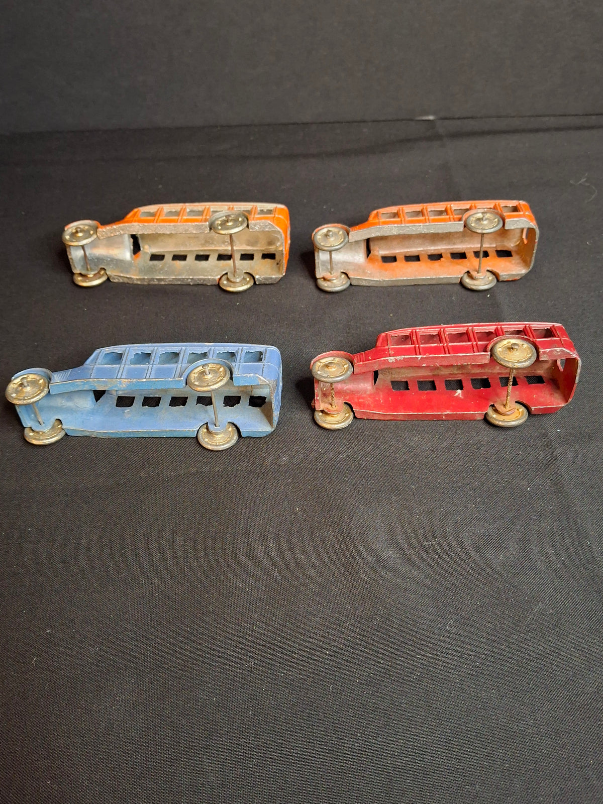 Vintage Pre-War Tootsietoy No. 4651 Fageol Safety Coach Bus Set of Four - Orange Blue Red 1927-1933