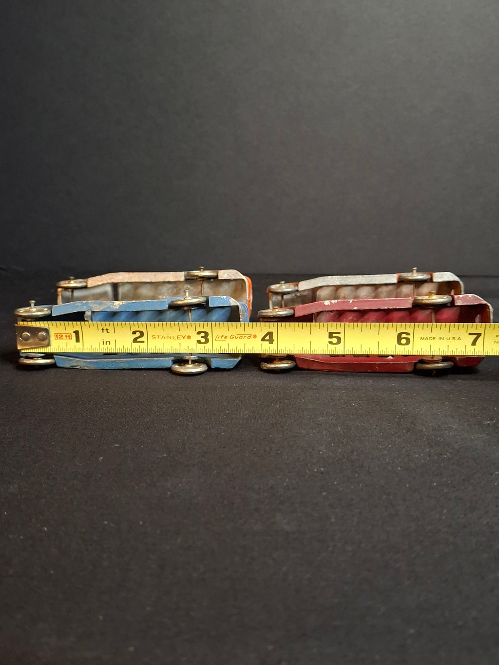 Vintage Pre-War Tootsietoy No. 4651 Fageol Safety Coach Bus Set of Four - Orange Blue Red 1927-1933