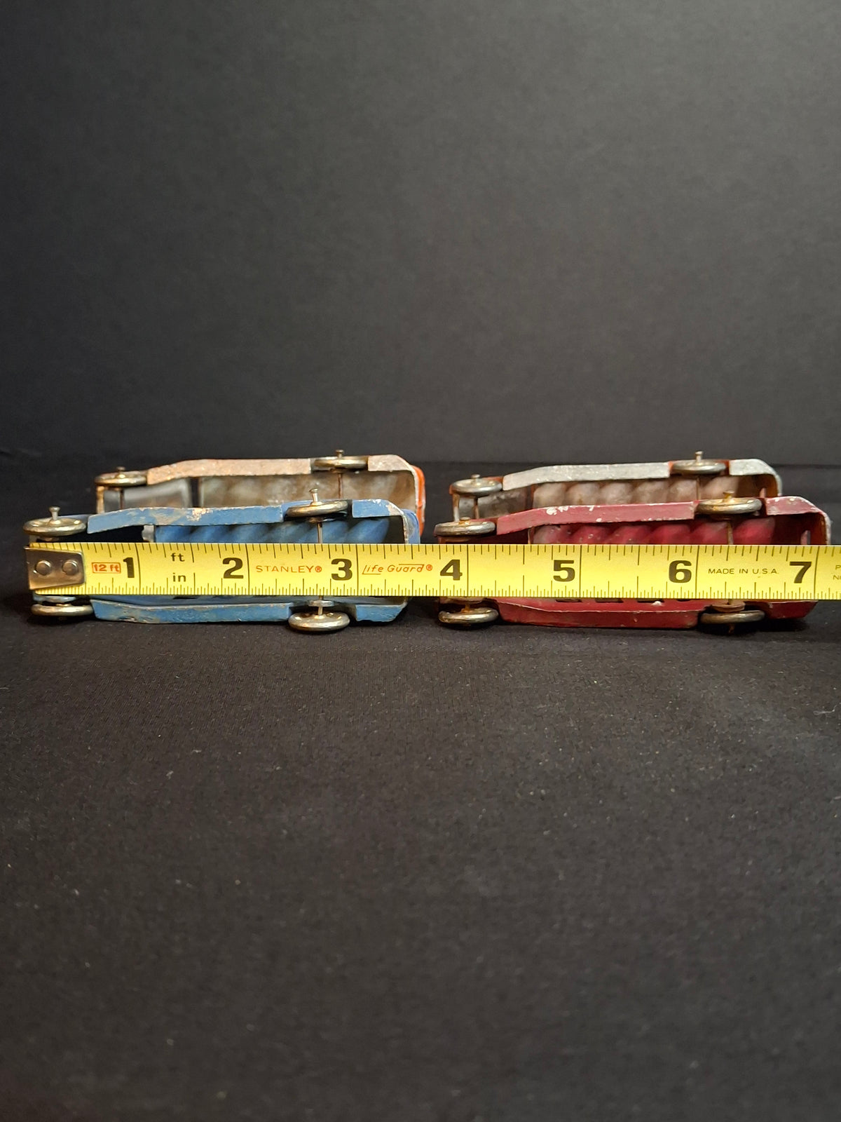 Vintage Pre-War Tootsietoy No. 4651 Fageol Safety Coach Bus Set of Four - Orange Blue Red 1927-1933