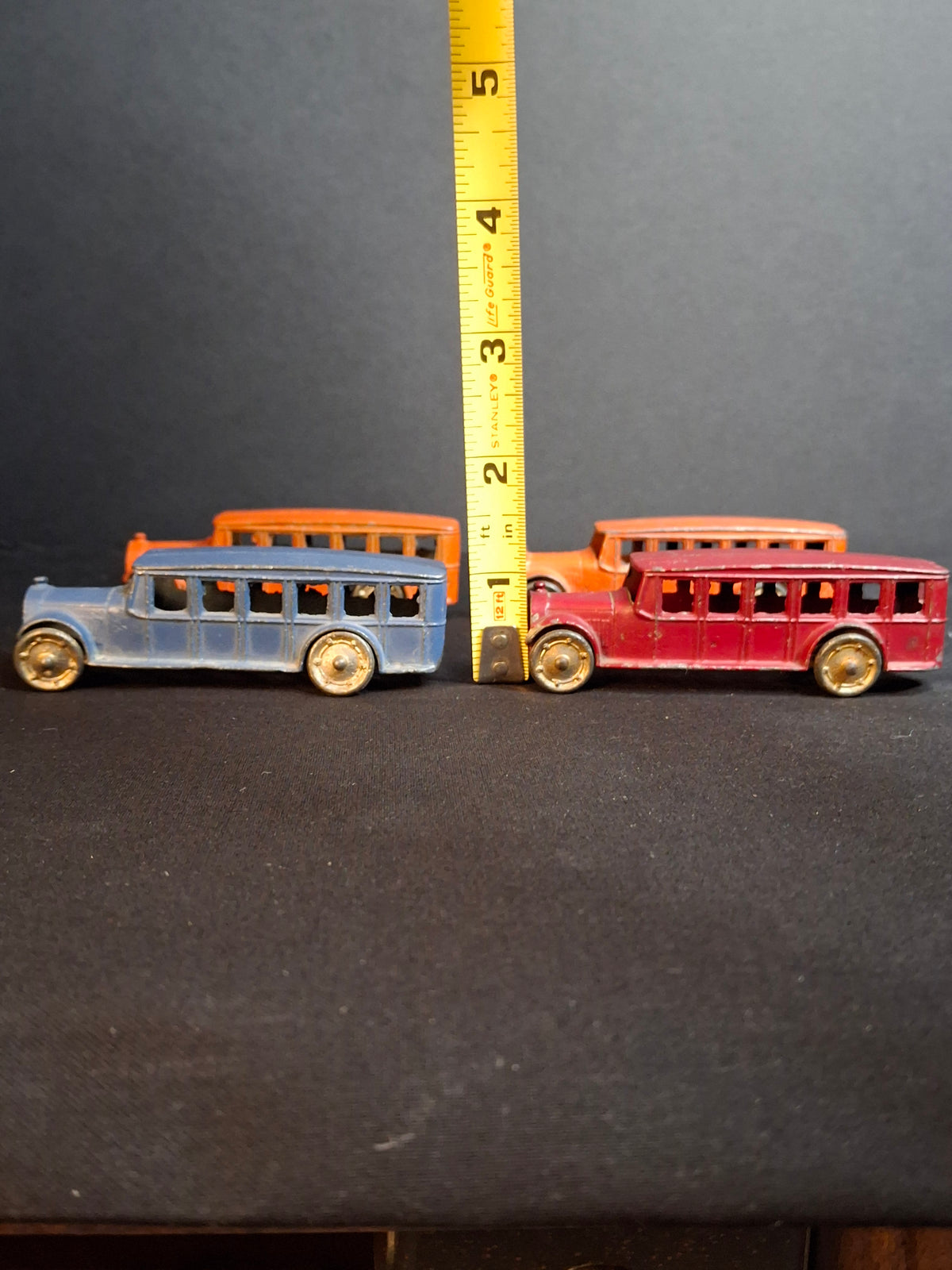 Vintage Pre-War Tootsietoy No. 4651 Fageol Safety Coach Bus Set of Four - Orange Blue Red 1927-1933