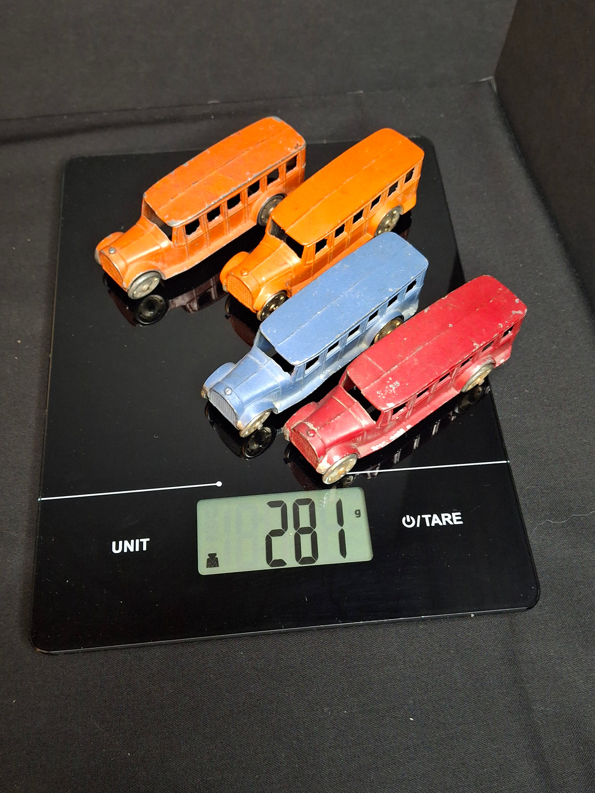 Vintage Pre-War Tootsietoy No. 4651 Fageol Safety Coach Bus Set of Four - Orange Blue Red 1927-1933