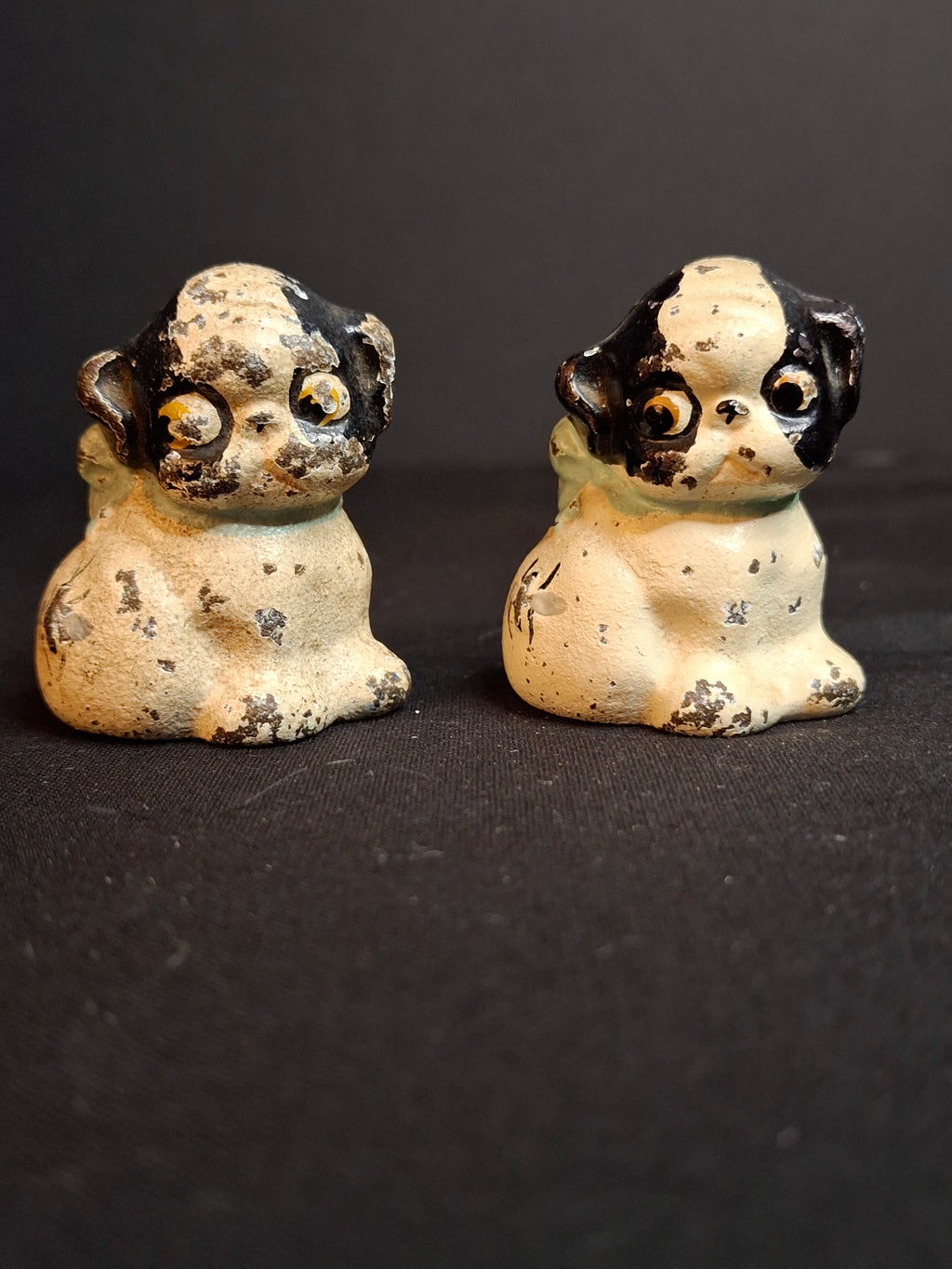 Pair Antique Hubley Cast Iron Puppo Dog Figurine Paperweights Bee on Hip Grace Drayton