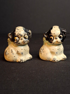 Pair Antique Hubley Cast Iron Puppo Dog Figurine Paperweights Bee on Hip Grace Drayton
