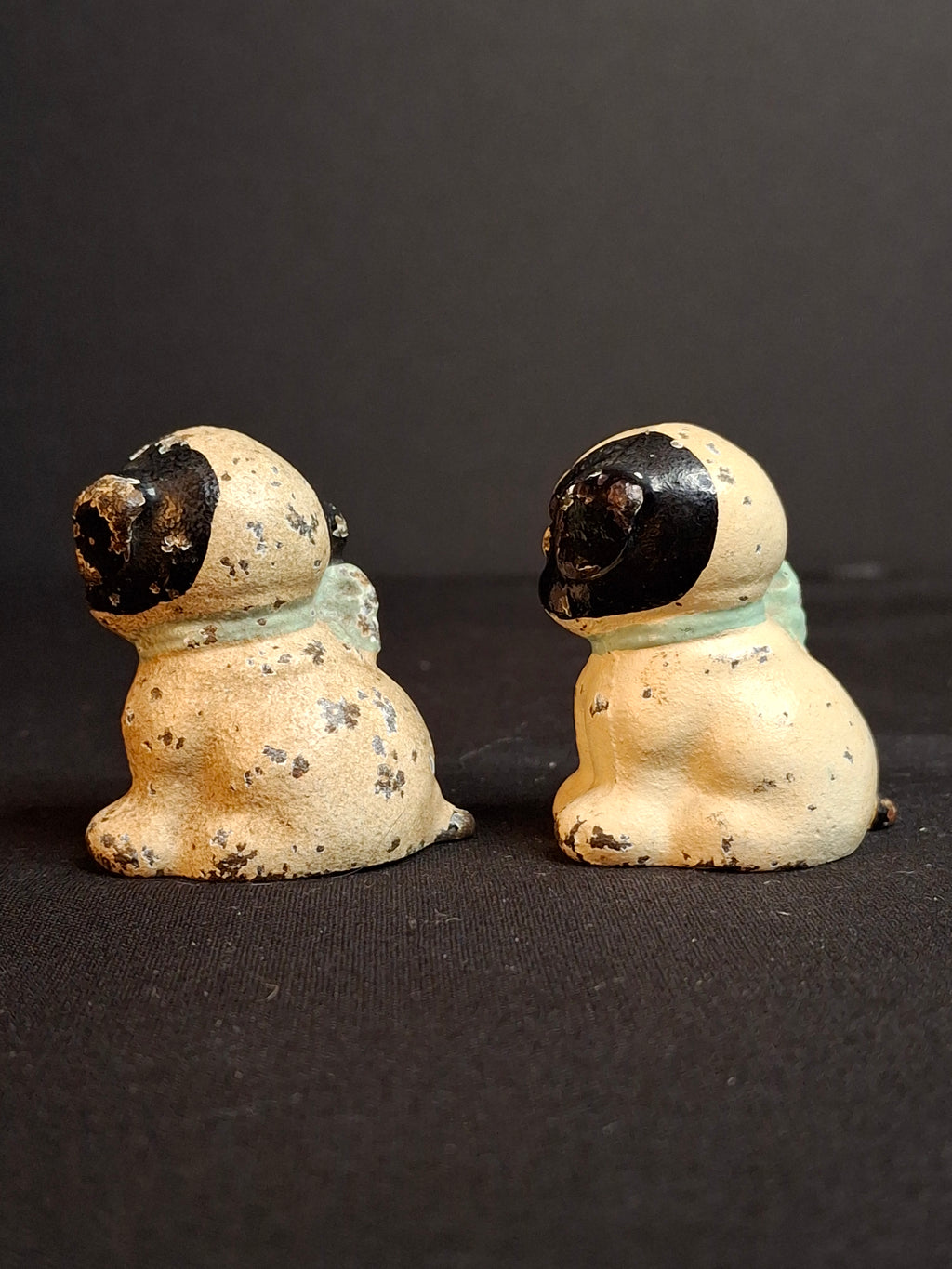 Pair Antique Hubley Cast Iron Puppo Dog Figurine Paperweights Bee on Hip Grace Drayton