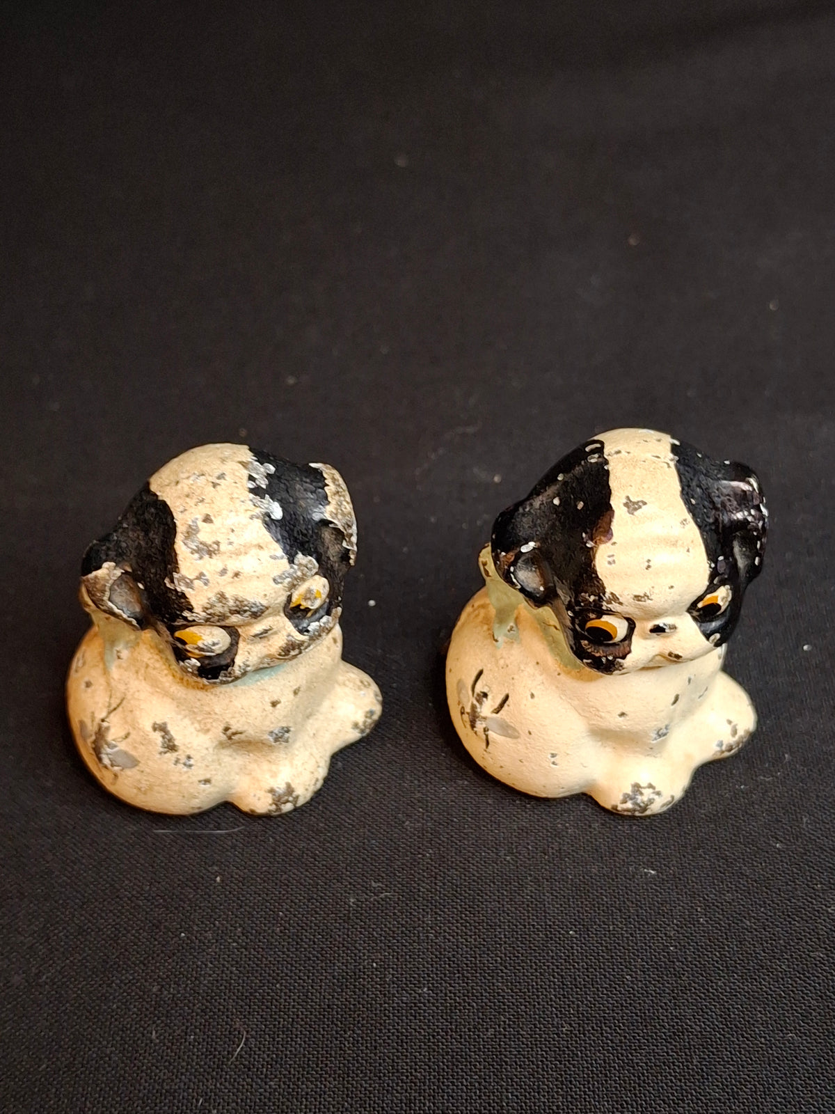 Pair Antique Hubley Cast Iron Puppo Dog Figurine Paperweights Bee on Hip Grace Drayton
