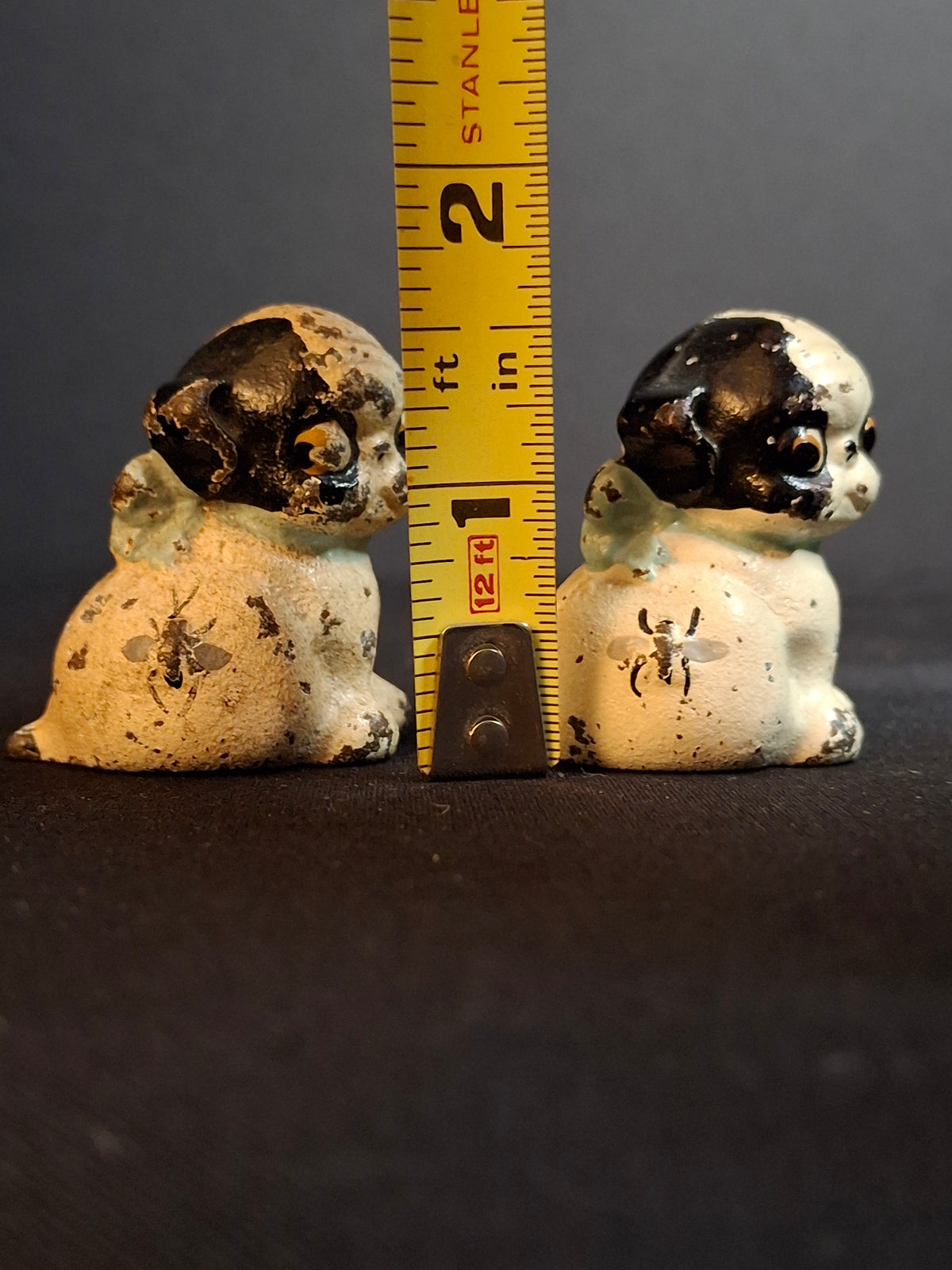 Pair Antique Hubley Cast Iron Puppo Dog Figurine Paperweights Bee on Hip Grace Drayton