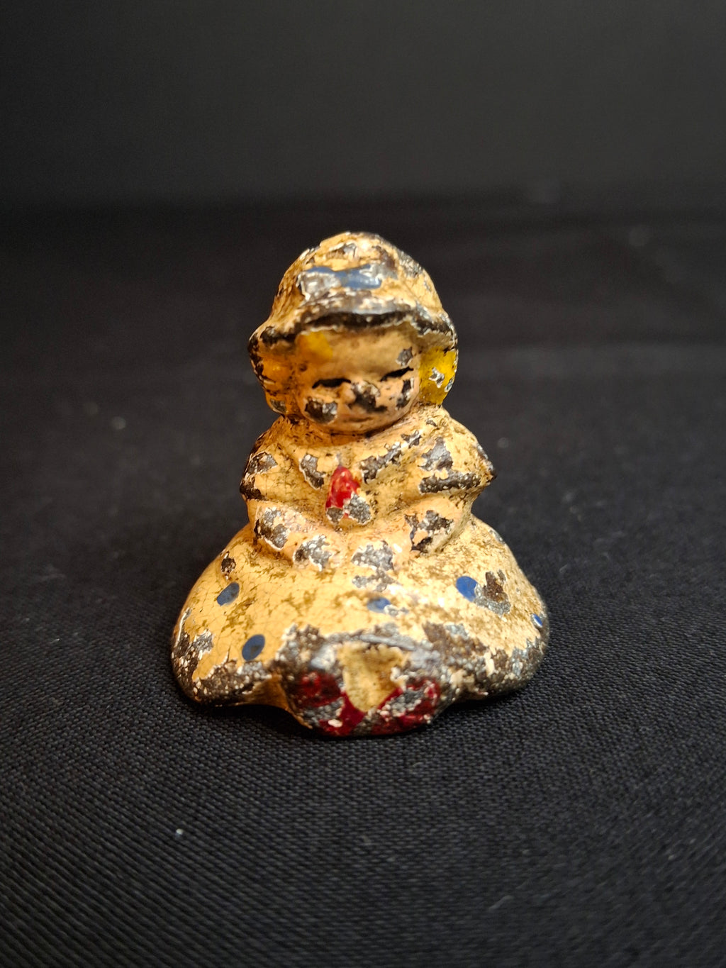 Antique Hubley Cast Iron Miniature Seated Girl Doll Paperweight Figurine Original Paint 1.5"