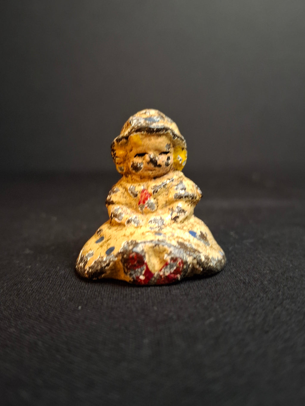 Antique Hubley Cast Iron Miniature Seated Girl Doll Paperweight Figurine Original Paint 1.5"