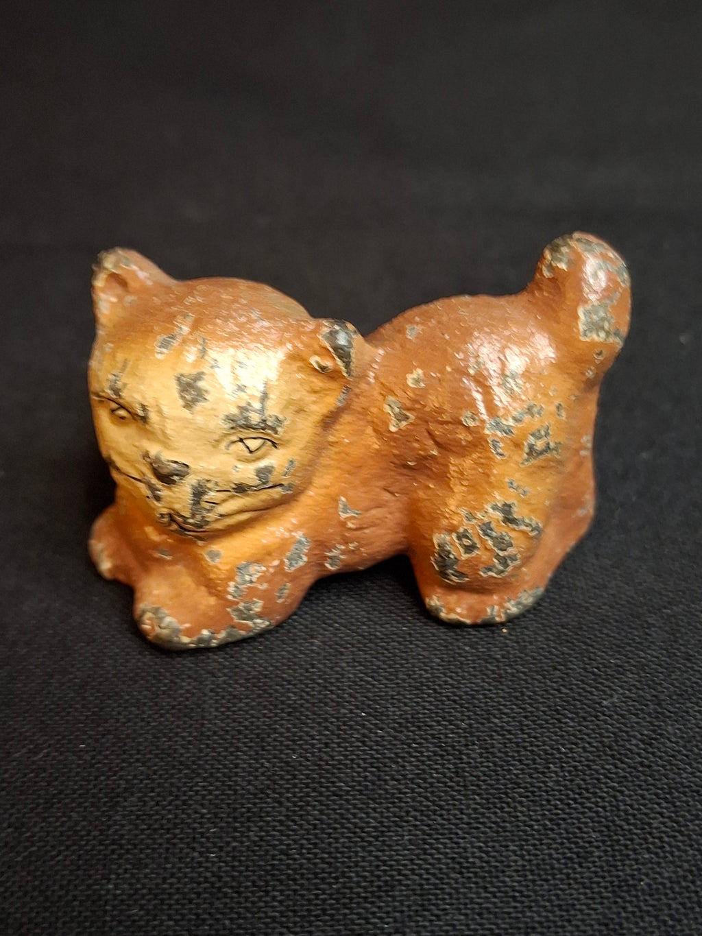 Antique Cast Iron Miniature Reclining Cat Figurine Paperweight Painted Tan 1.5”