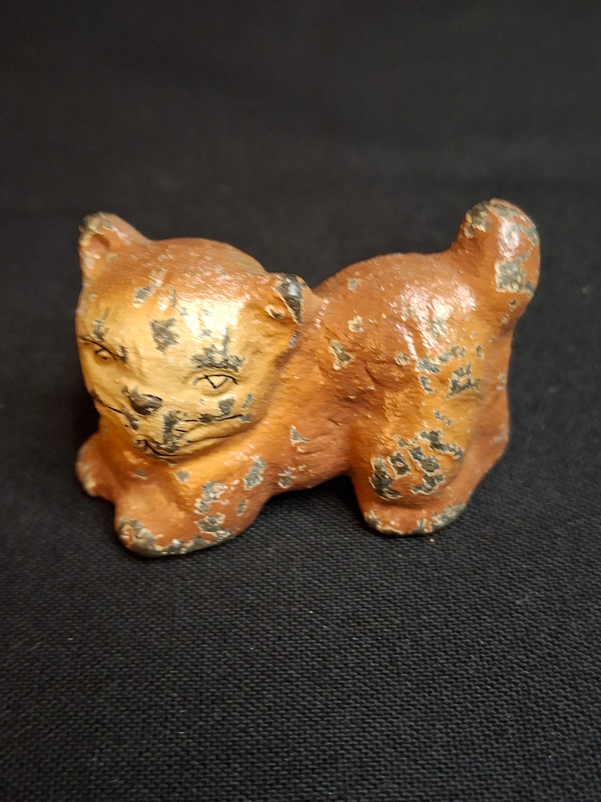 Antique Cast Iron Miniature Reclining Cat Figurine Paperweight Painted Tan 1.5”