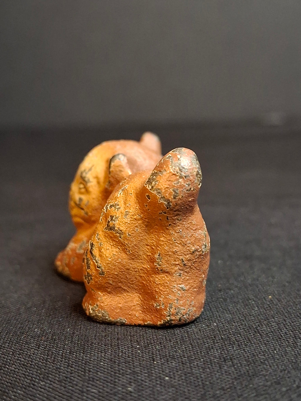 Antique Cast Iron Miniature Reclining Cat Figurine Paperweight Painted Tan 1.5”