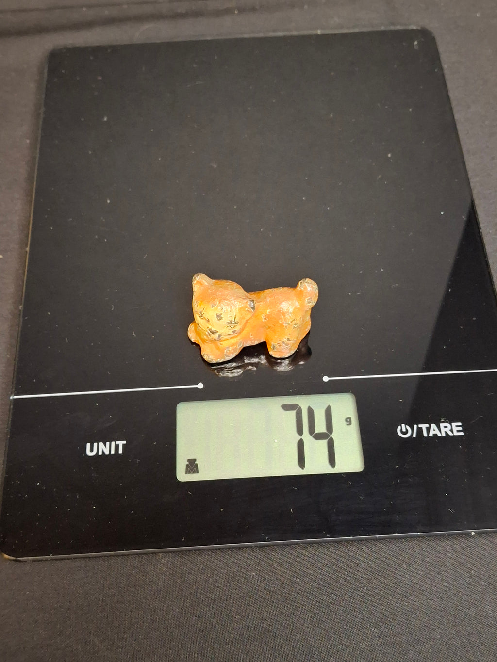 Antique Cast Iron Miniature Reclining Cat Figurine Paperweight Painted Tan 1.5”