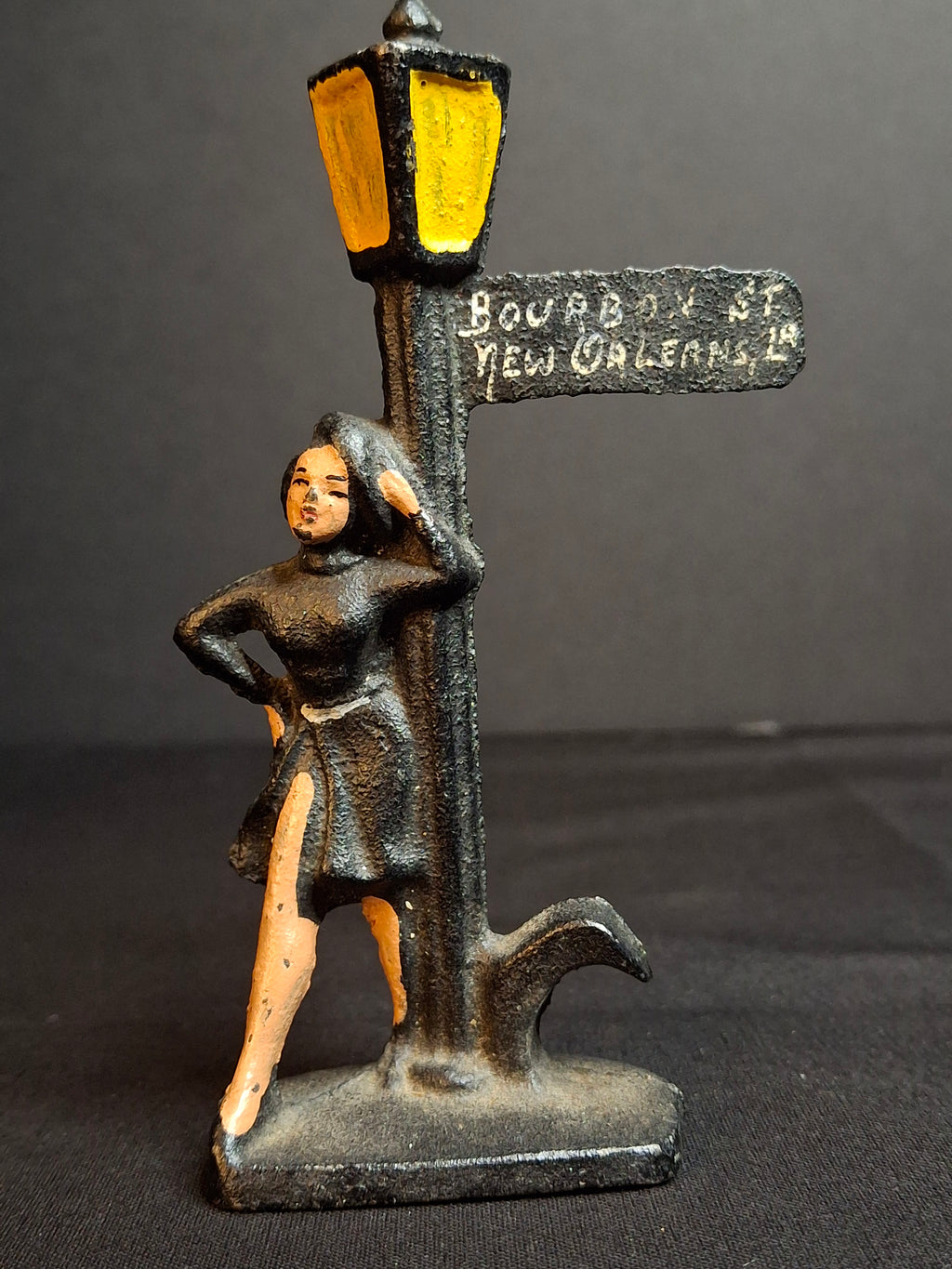 Vintage Cast Iron Bourbon St New Orleans Lady Lamp Post Bottle Opener Figural Paint