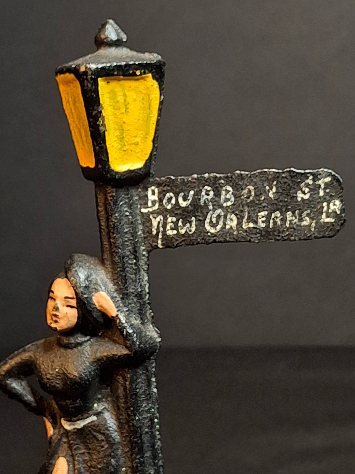 Vintage Cast Iron Bourbon St New Orleans Lady Lamp Post Bottle Opener Figural Paint