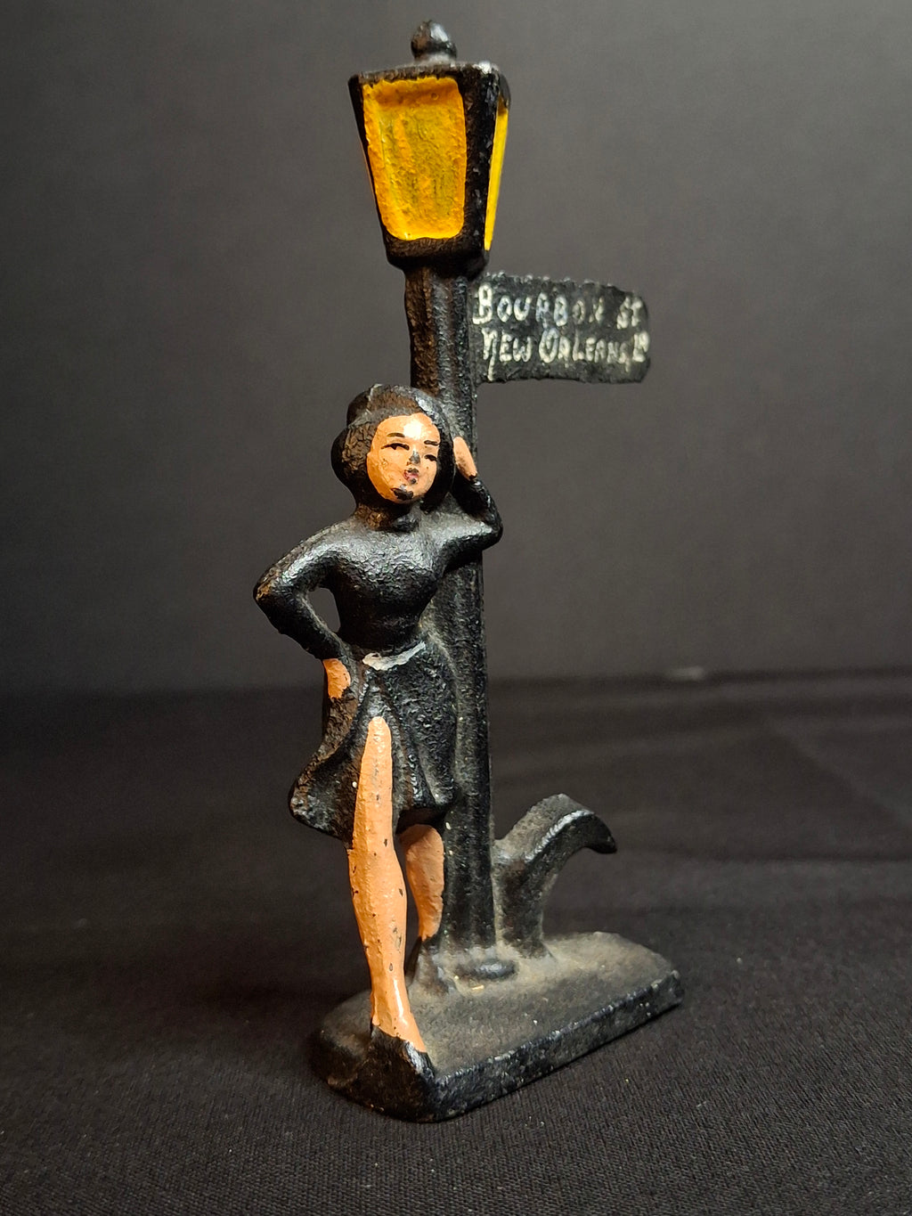 Vintage Cast Iron Bourbon St New Orleans Lady Lamp Post Bottle Opener Figural Paint
