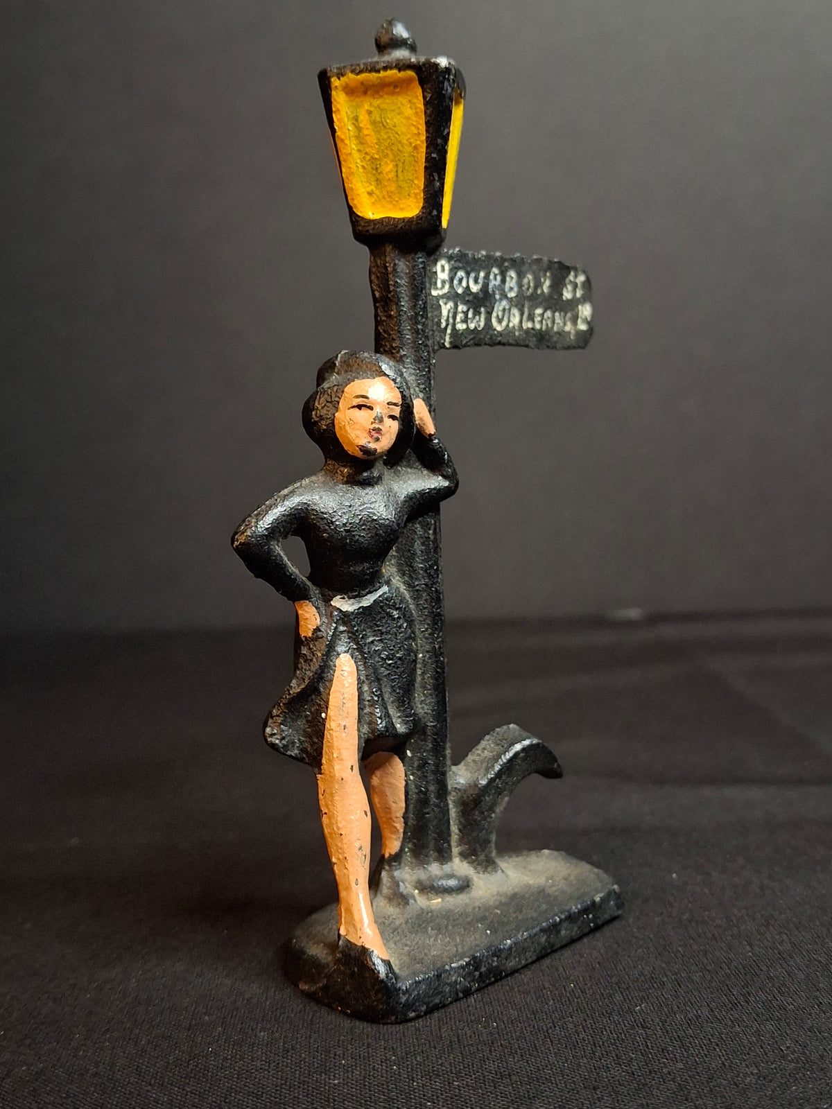Vintage Cast Iron Bourbon St New Orleans Lady Lamp Post Bottle Opener Figural Paint