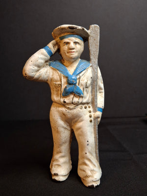 Antique Hubley Cast Iron Saluting Sailor Oarsman Still Penny Bank c. 1910-1915
