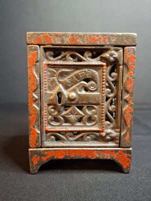 Antique Cast Iron Safe Bank Red Paint Open Lattice Scroll Filigree Door 1890s
