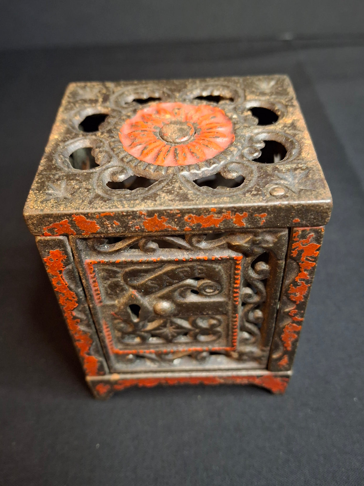 Antique Cast Iron Safe Bank Red Paint Open Lattice Scroll Filigree Door 1890s