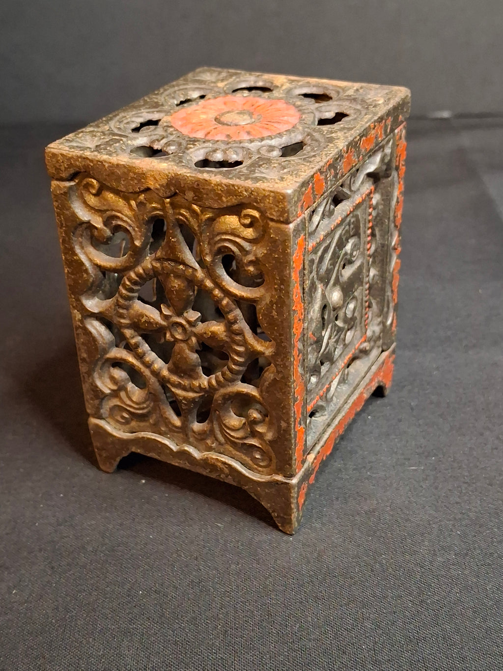 Antique Cast Iron Safe Bank Red Paint Open Lattice Scroll Filigree Door 1890s