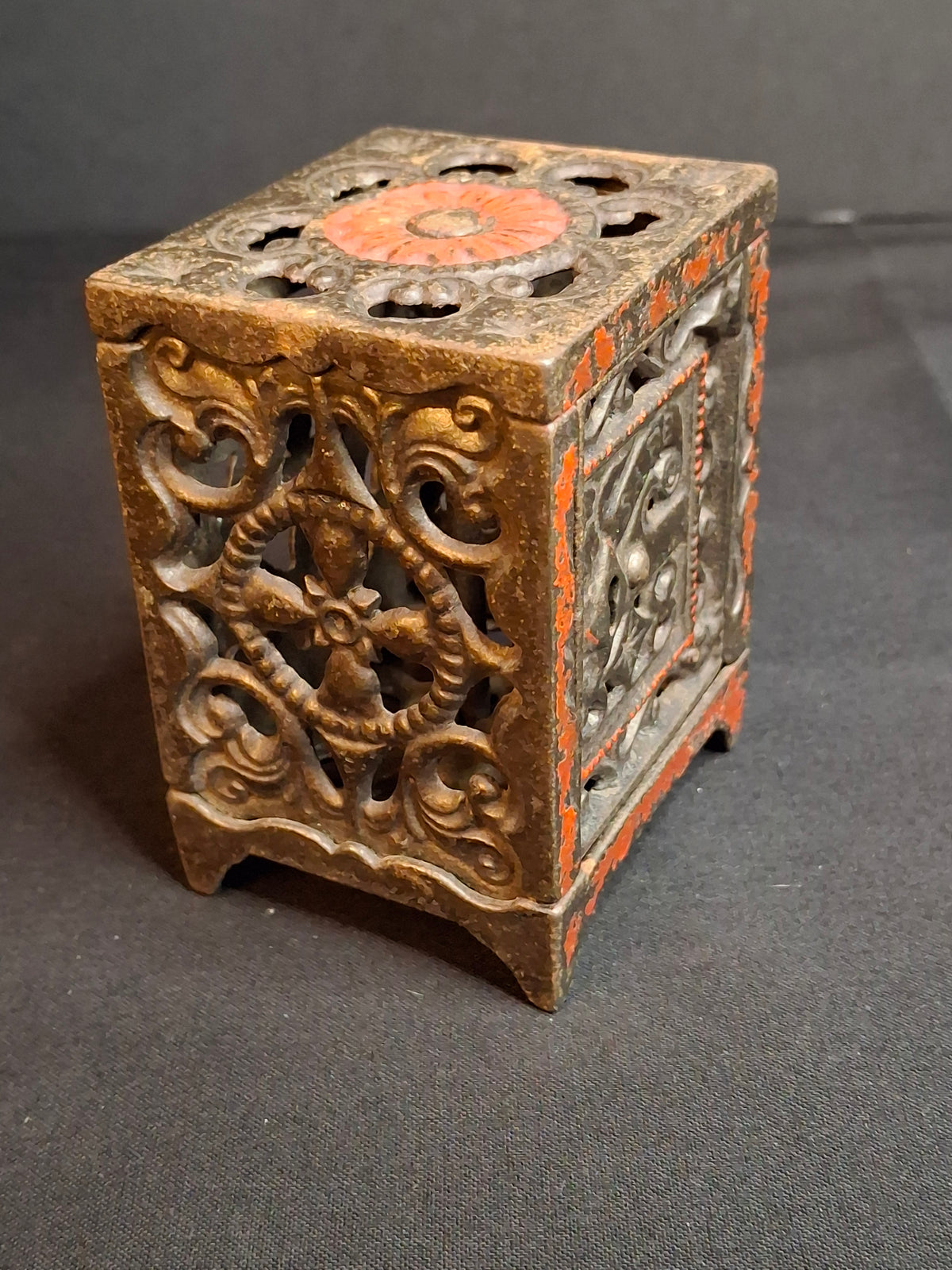 Antique Cast Iron Safe Bank Red Paint Open Lattice Scroll Filigree Door 1890s