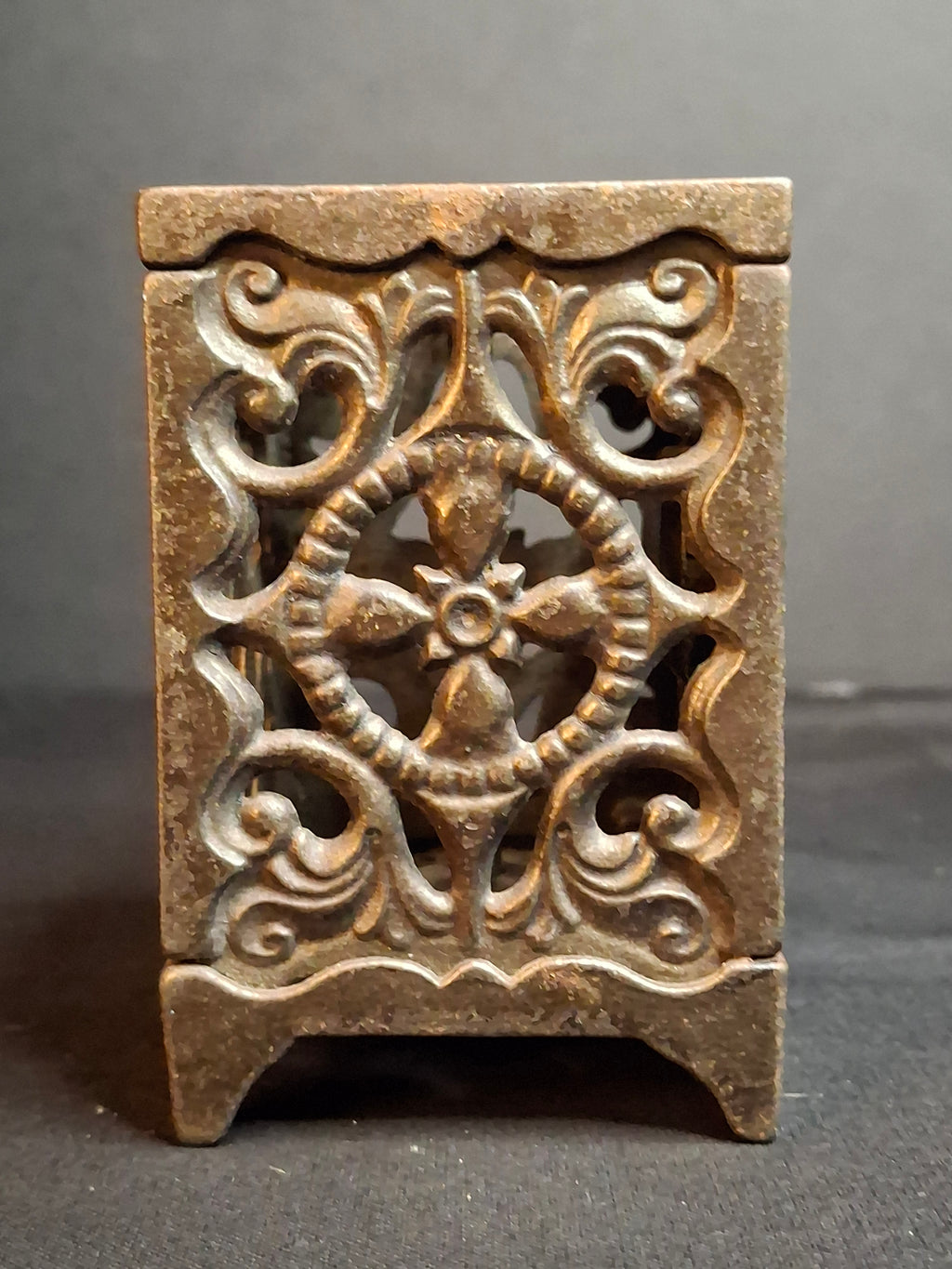 Antique Cast Iron Safe Bank Red Paint Open Lattice Scroll Filigree Door 1890s