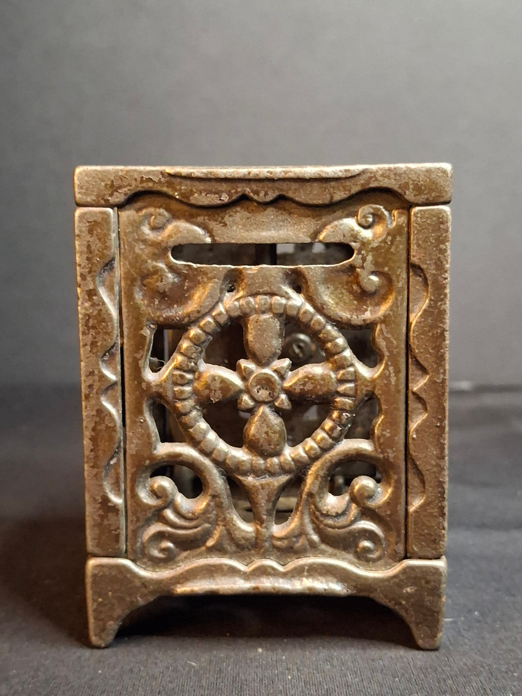 Antique Cast Iron Safe Bank Red Paint Open Lattice Scroll Filigree Door 1890s
