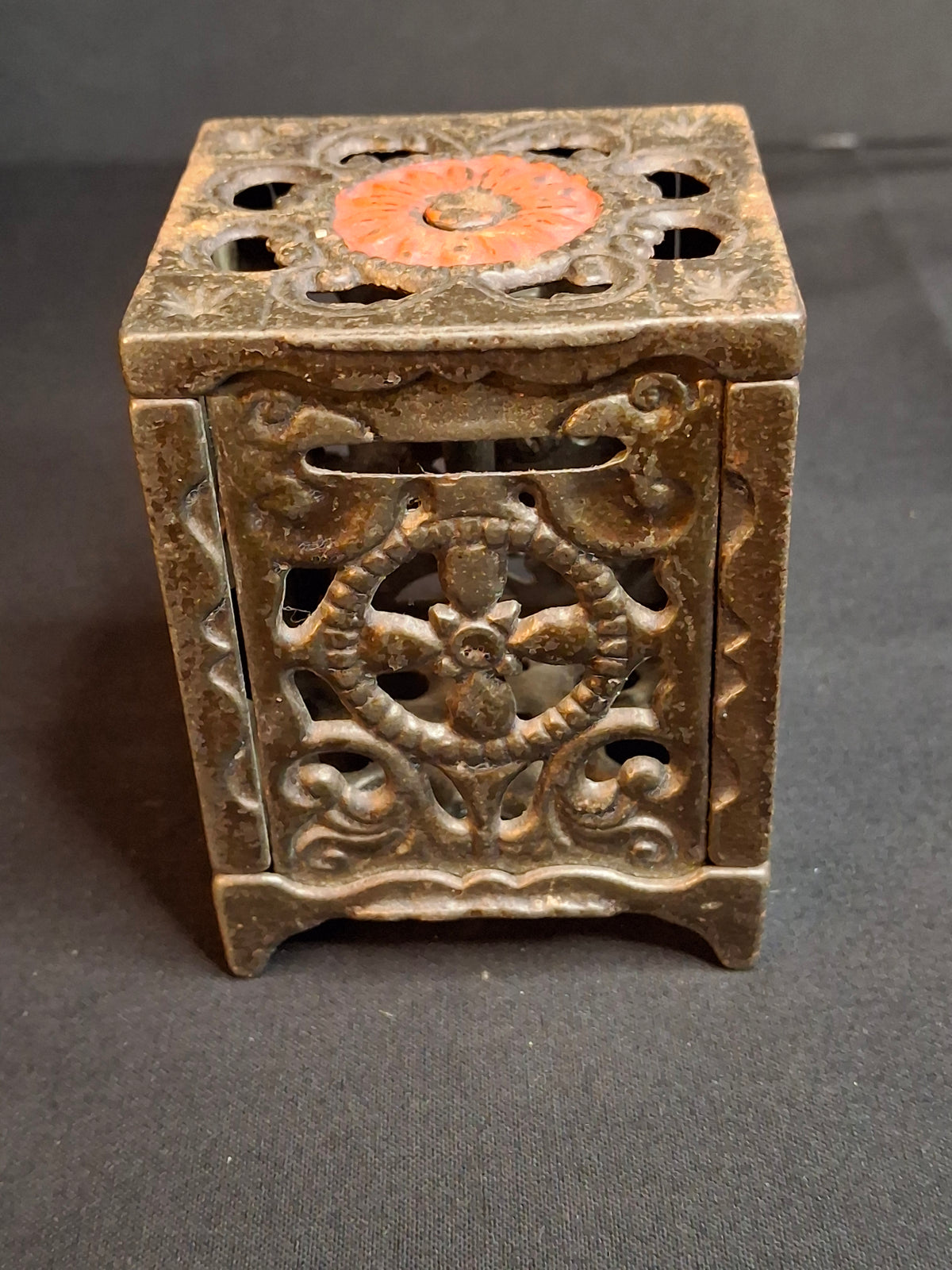 Antique Cast Iron Safe Bank Red Paint Open Lattice Scroll Filigree Door 1890s