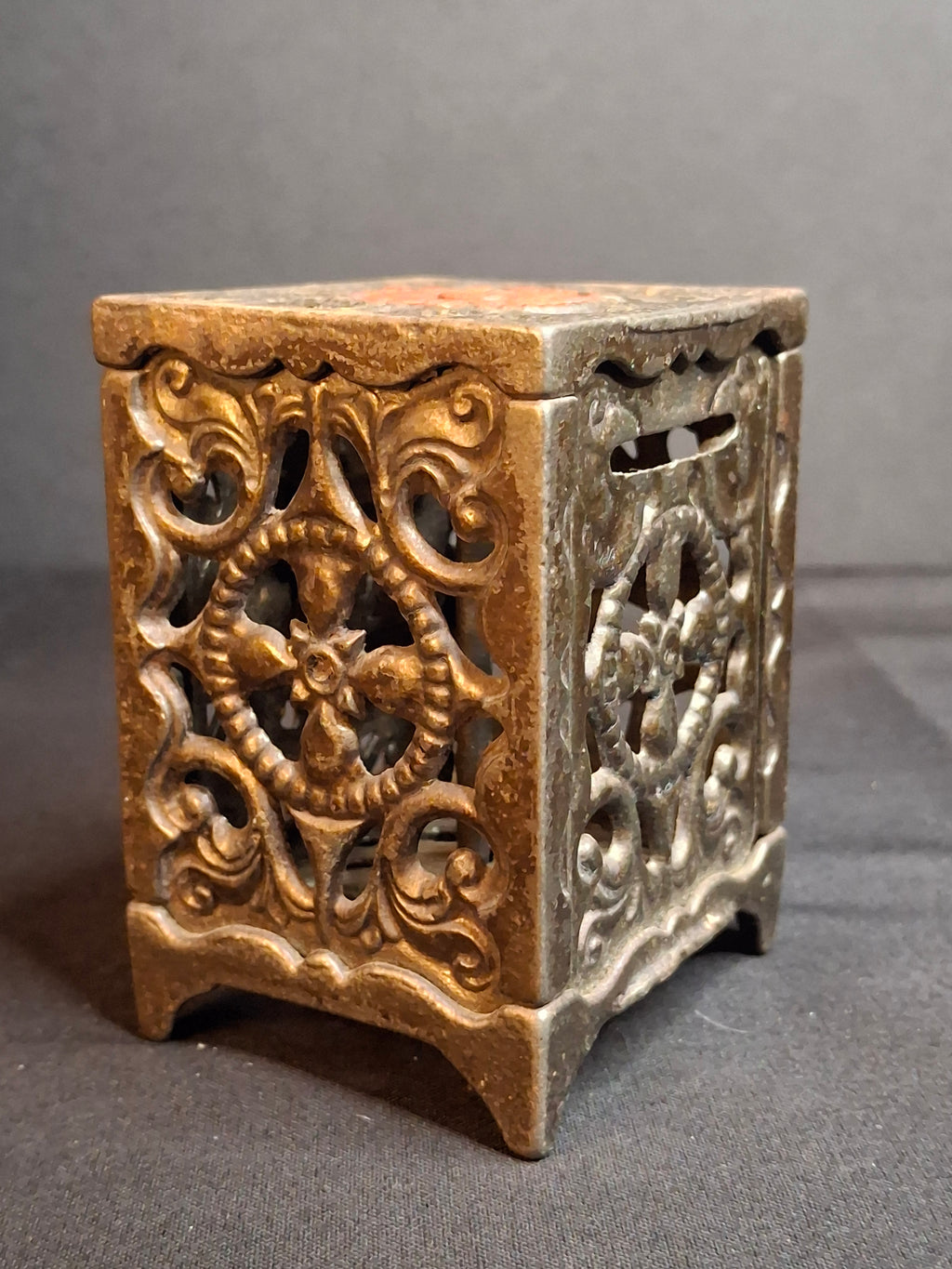 Antique Cast Iron Safe Bank Red Paint Open Lattice Scroll Filigree Door 1890s