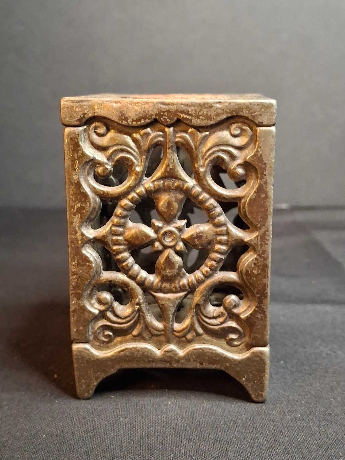 Antique Cast Iron Safe Bank Red Paint Open Lattice Scroll Filigree Door 1890s