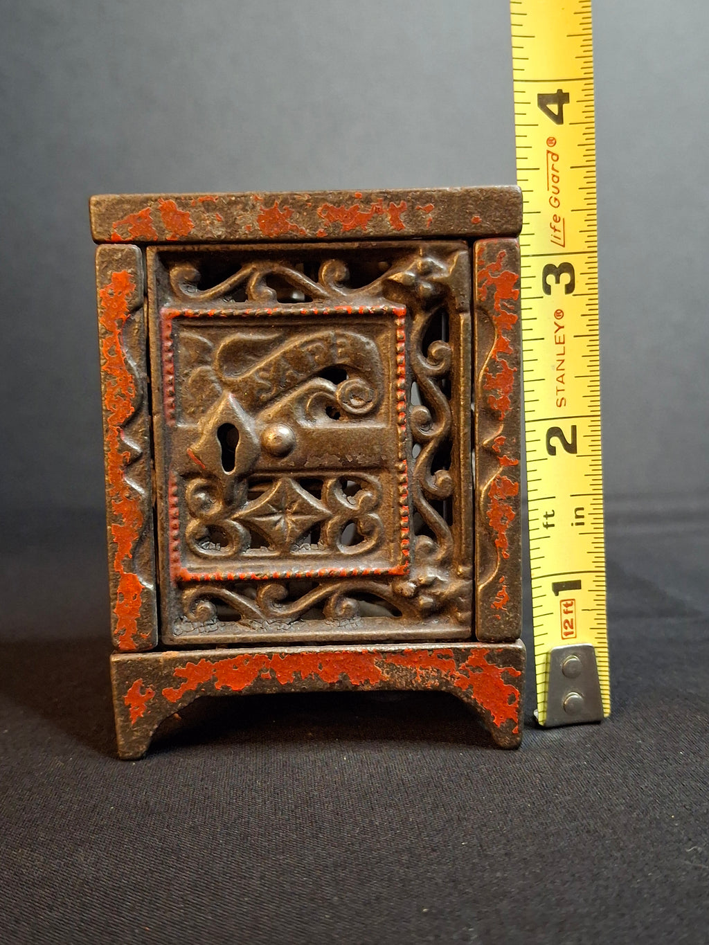 Antique Cast Iron Safe Bank Red Paint Open Lattice Scroll Filigree Door 1890s