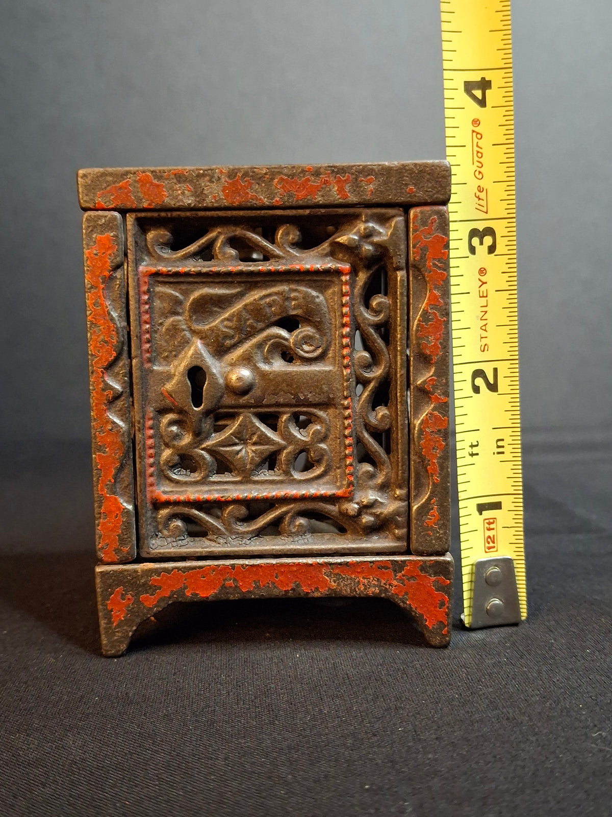 Antique Cast Iron Safe Bank Red Paint Open Lattice Scroll Filigree Door 1890s