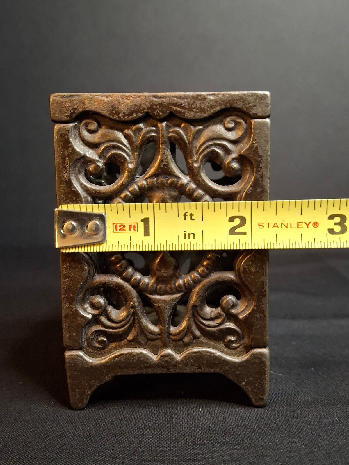 Antique Cast Iron Safe Bank Red Paint Open Lattice Scroll Filigree Door 1890s