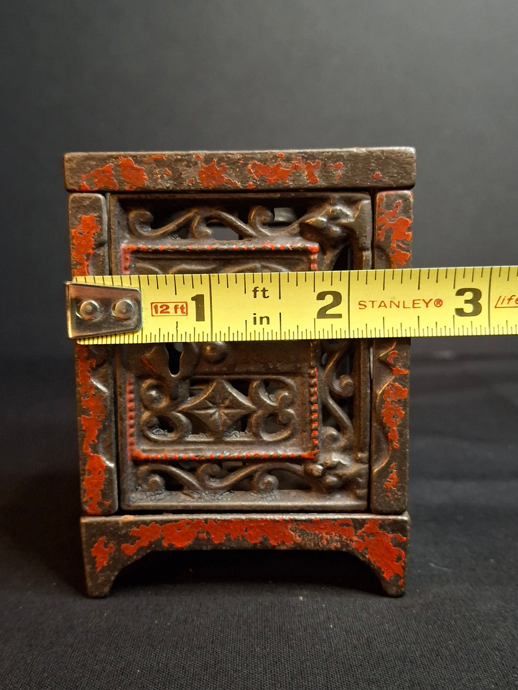 Antique Cast Iron Safe Bank Red Paint Open Lattice Scroll Filigree Door 1890s