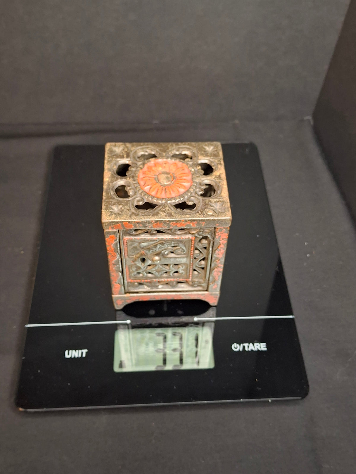 Antique Cast Iron Safe Bank Red Paint Open Lattice Scroll Filigree Door 1890s