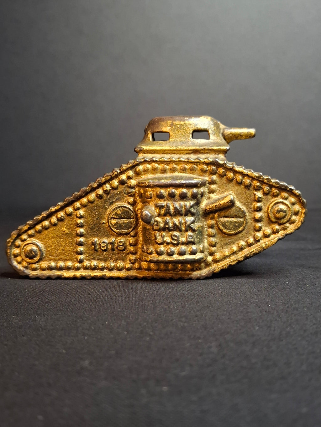Antique AC Williams Cast Iron Tank Bank USA 1918 WWI Still Penny Bank Gold Paint