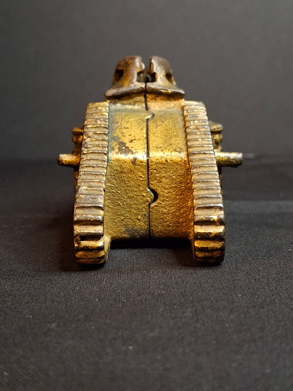 Antique AC Williams Cast Iron Tank Bank USA 1918 WWI Still Penny Bank Gold Paint