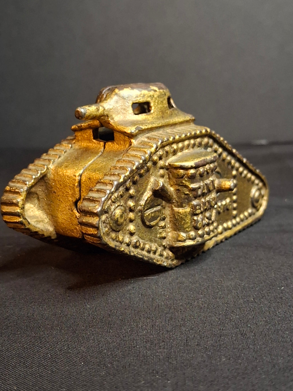 Antique AC Williams Cast Iron Tank Bank USA 1918 WWI Still Penny Bank Gold Paint