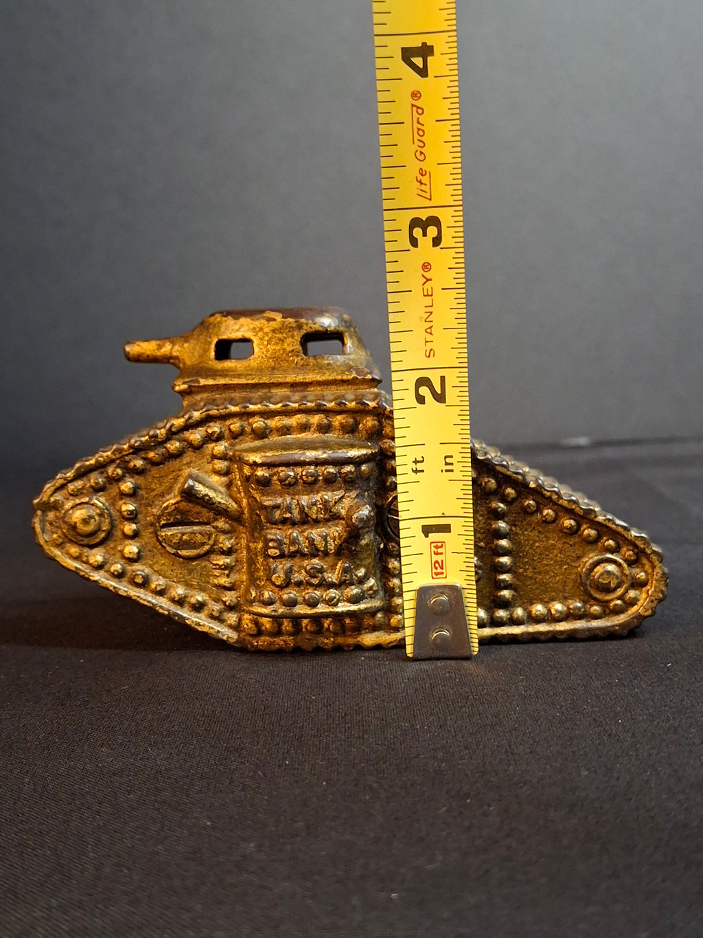 Antique AC Williams Cast Iron Tank Bank USA 1918 WWI Still Penny Bank Gold Paint